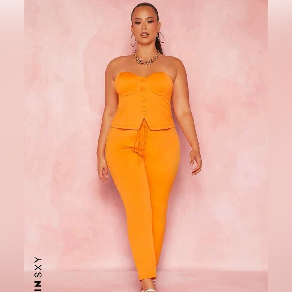 SHEIN SXY Plus Button Front Split Tube Top + SHEIN Plus Knot Waist Skinny Pants